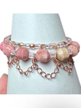 Rhodonite chain bracelet handmade memory wire one size pink gemstone